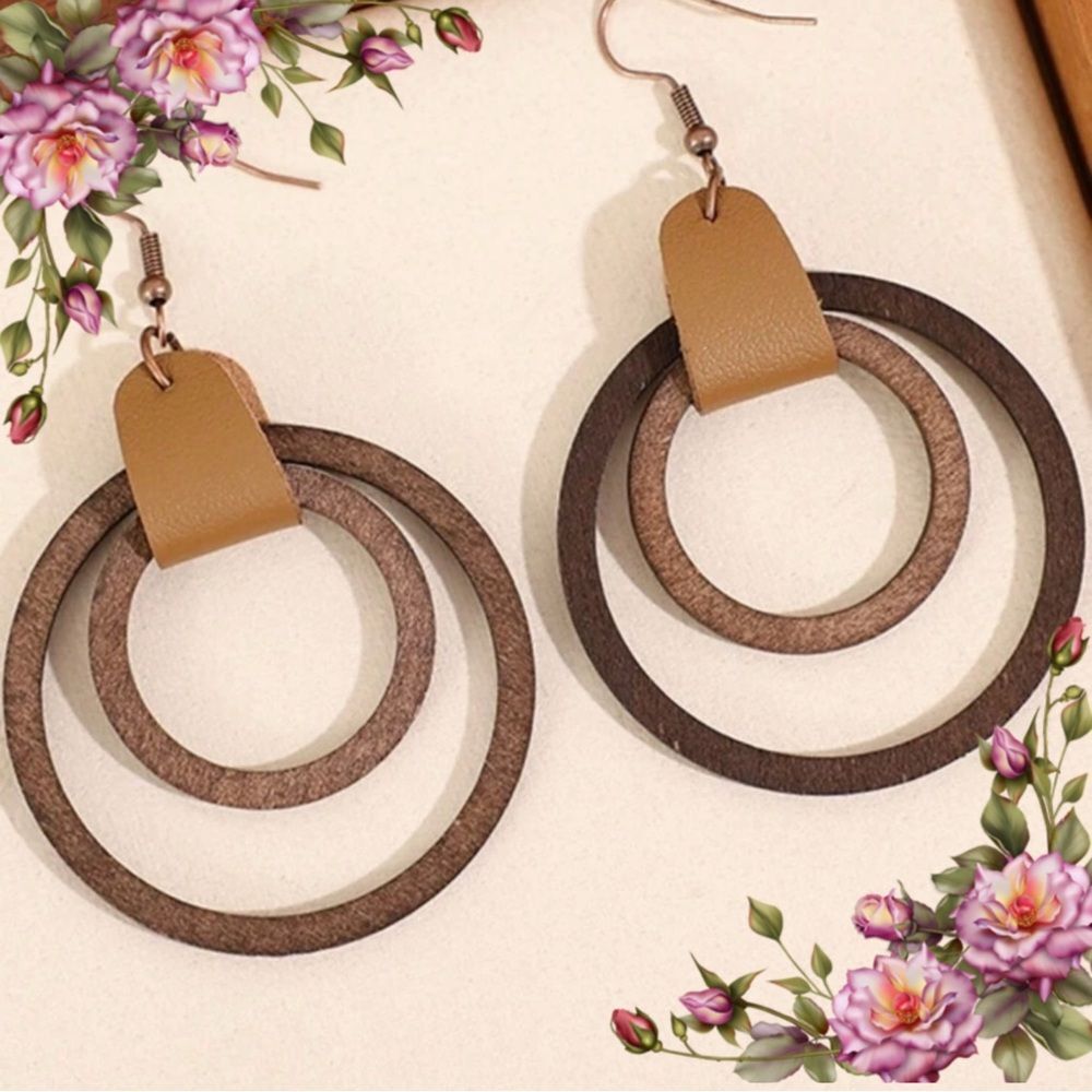 Brown and Tan Double Hoop Earrings - Picture 2 of 7